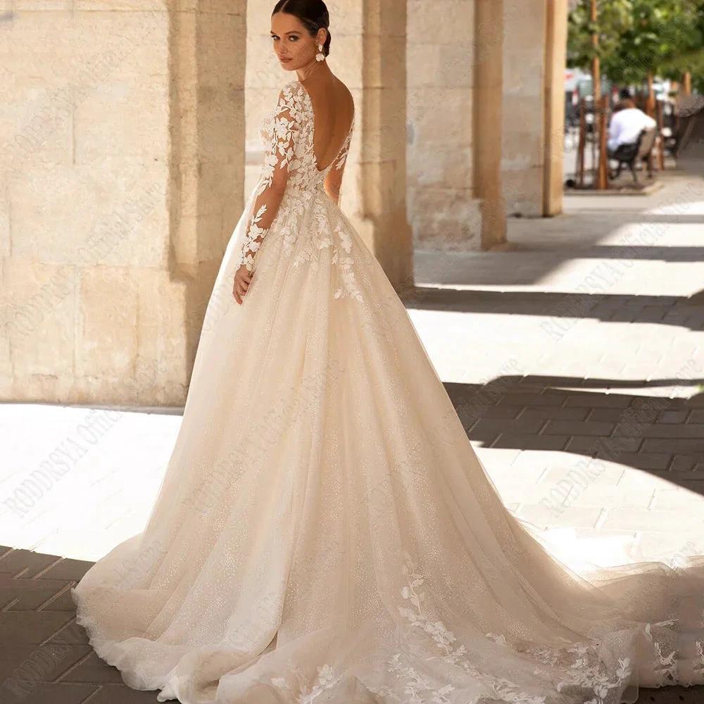Exquisite Wedding Dresses Long Sleeves Sexy Backless Bride Gowns Applique Princess Tulle A-Line vestidos de novia (ZD13394)