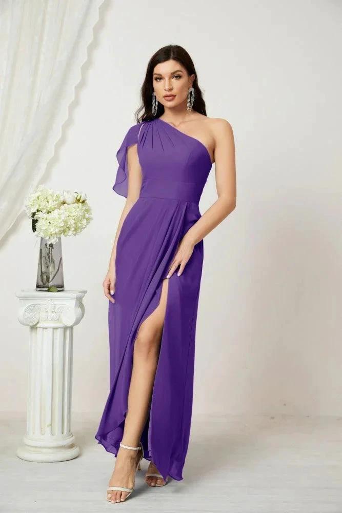 Numbersea Chiffon Ruffled One Shoulder Long Bridesmaid Dresses A-line Formal Evening Gown Side Split 2809 by numbersea