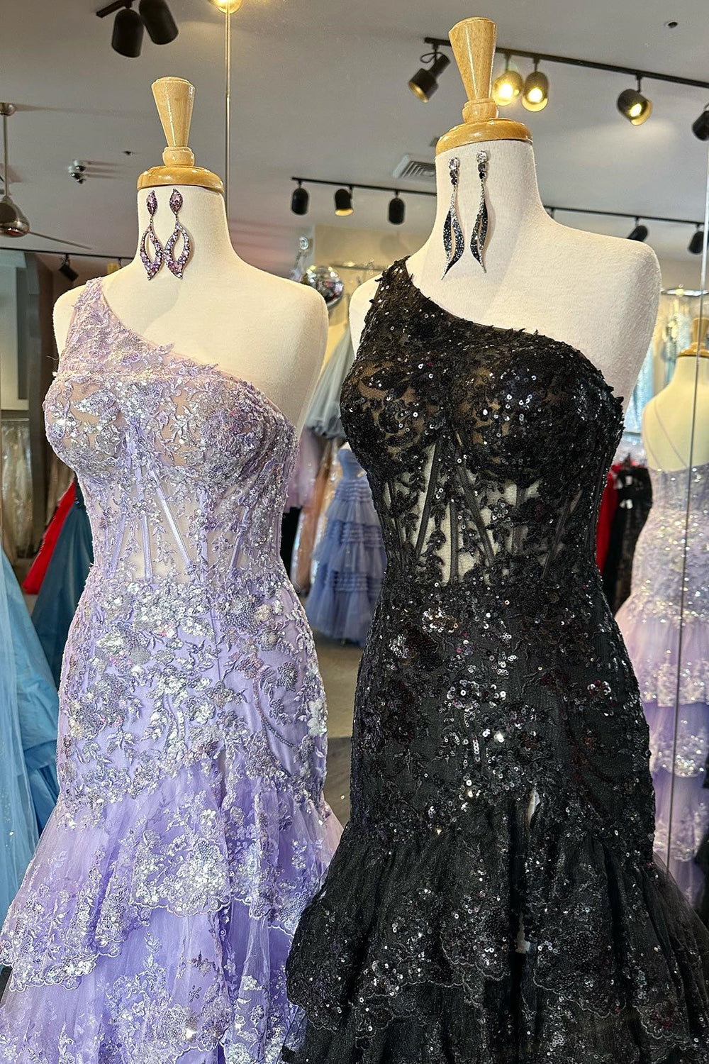 Sparkly Navy One Shoulder A-Line Sweep Train Tiered Prom Dress with Split - View 7 | VelvetHem