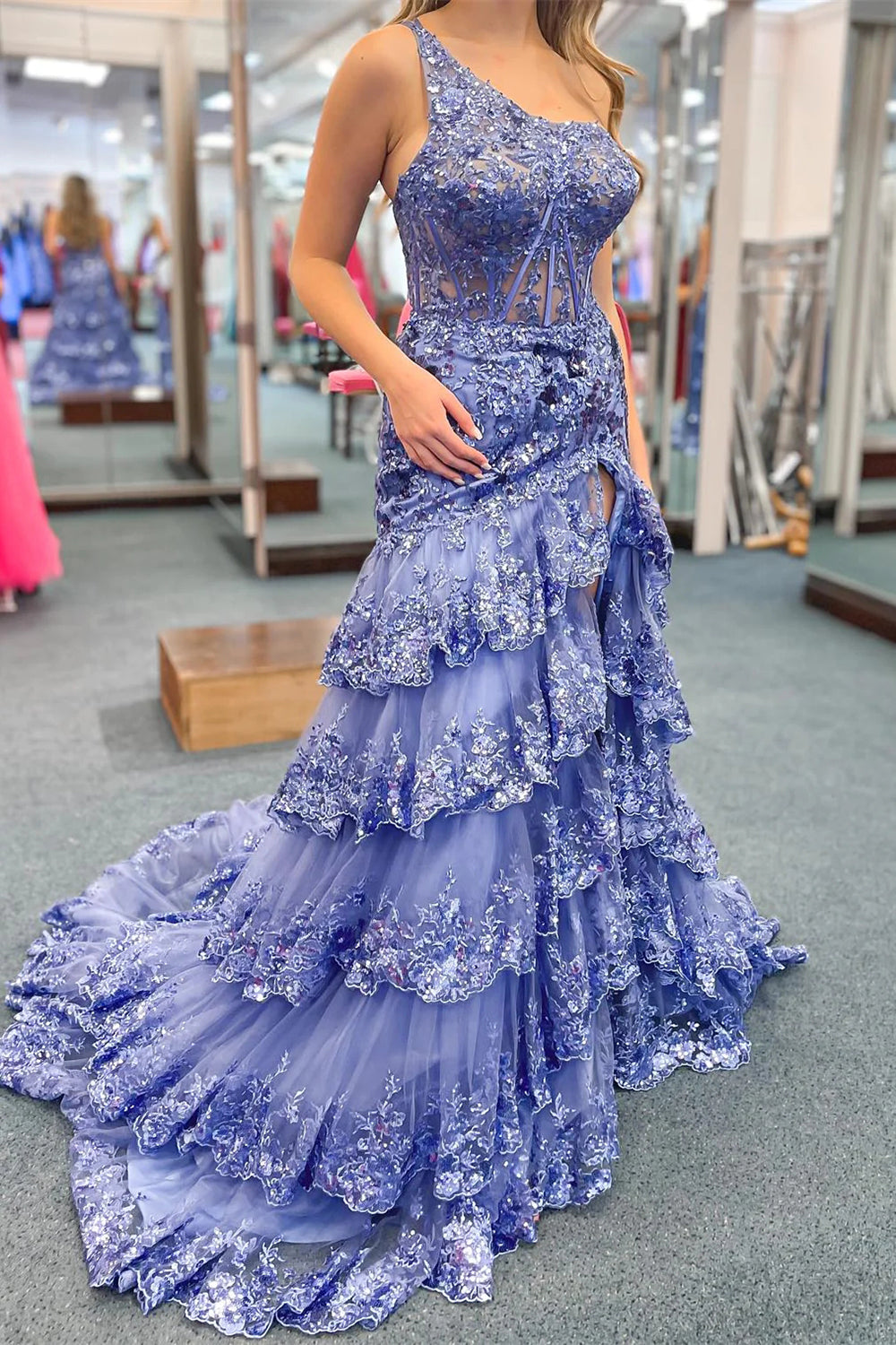 Sparkly Navy One Shoulder A-Line Sweep Train Tiered Prom Dress with Split - View 8 | VelvetHem