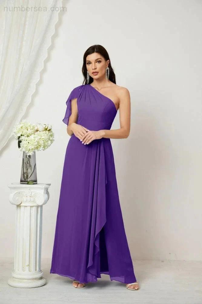 ZapDress  Chiffon Ruffled One Shoulder Long Bridesmaid Dresses A-line Formal Evening Gown Side Split 2809 (ZD17049)