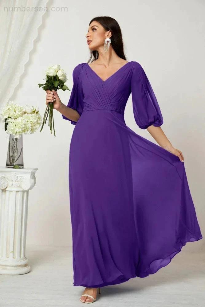 ZapDress  Formal Prom Gown Women V-Neck Chiffon Bridesmaid Dresses Long Bishop Sleeve Party Dress 2807 (ZD17027)