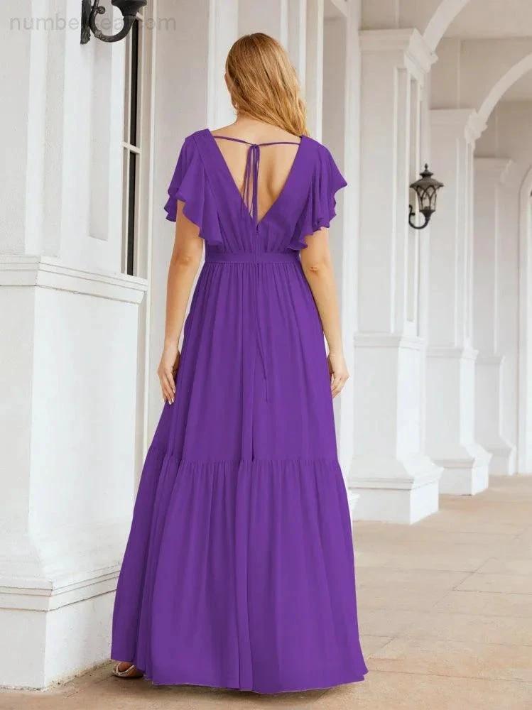 ZapDress Women's Open Back Formal Evening Party Prom Gowns V-Neck Long Chiffon Bridesmaid Dresses with Waist Belt 28038 (ZD17000)