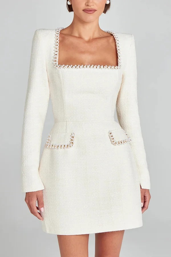 Lexi Timeless Girly and Mini Dress in Tweed Fabric with Beaded Trim, Long Slit Sleeves and Pockets Boutique Collection