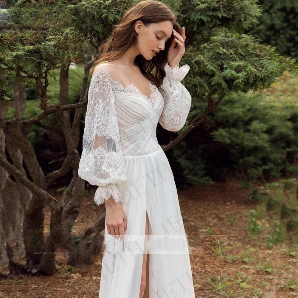 Wedding Dresses Boho Beach Lace Long Sleeves Split Vestidos De Novia Elegant Bohemian Bridal Gown Chiffon Illusion O Neck (ZD13324)