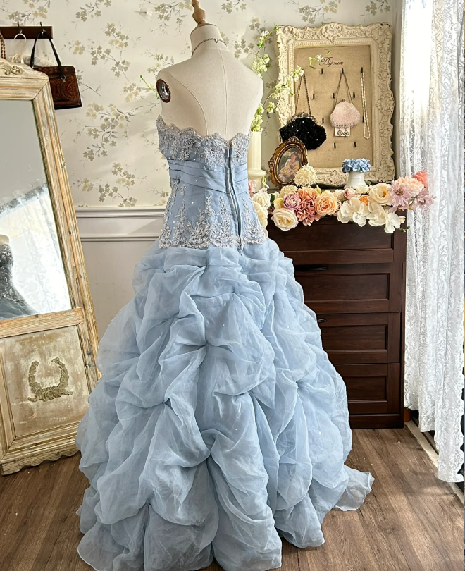 Vintage Princess Light Hazy Blue Strapless Lace Embroidered Tulle Ball Gown Evening Dress - View 4 | VelvetHem