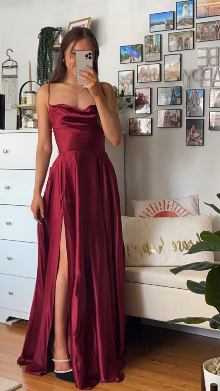 Spaghetti Straps Burgundy Simple Prom Dress Elegant Prom Dress With Split - VelvetHem