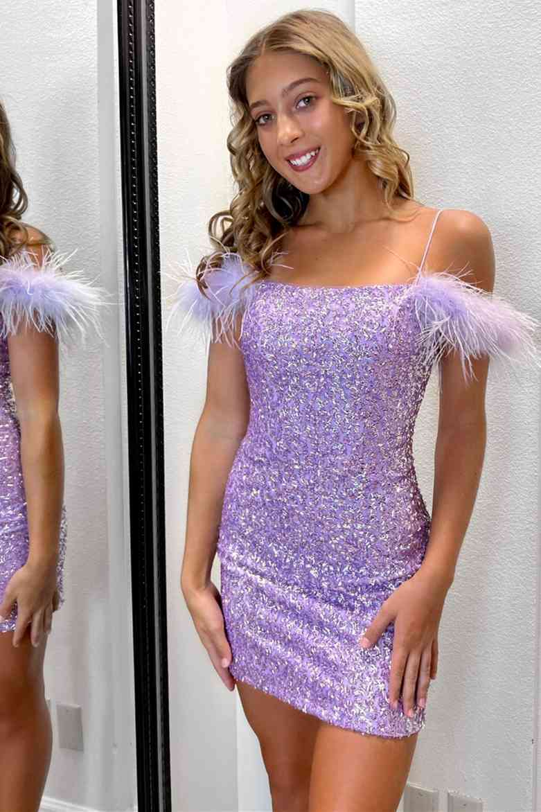 Feather Cold Shoulder Lilac Sequin Homecoming Dress - VelvetHem
