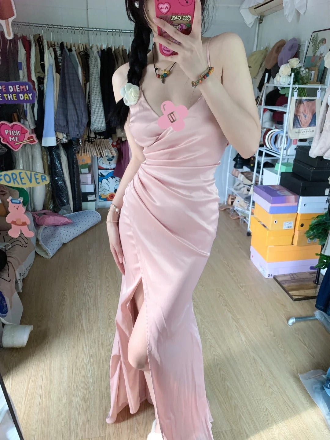 Sweet Pink Mermaid V-neck Spaghetti Strap Satin Slit Long Prom Dress Evening Dress - VelvetHem