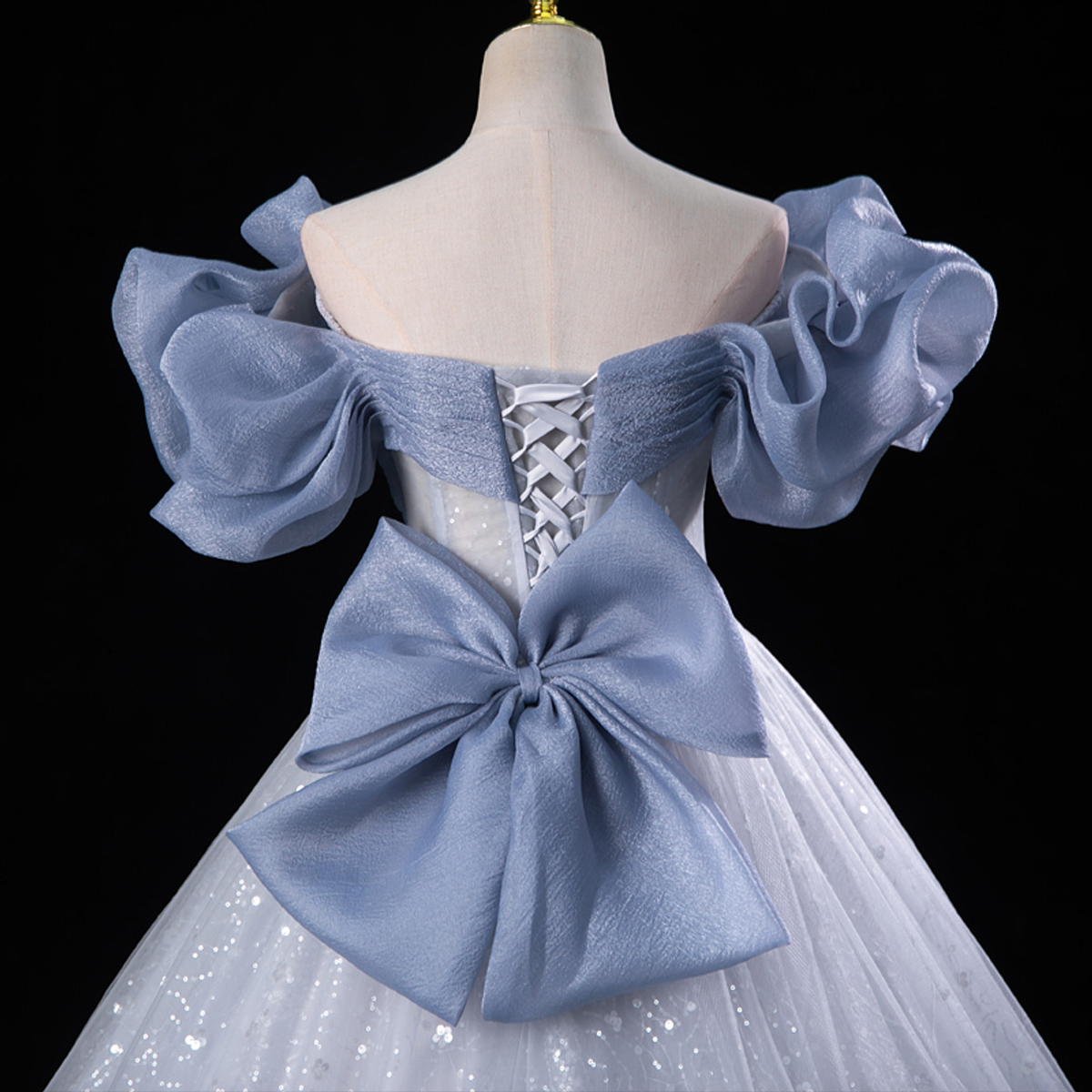 Fairy Blue Tulle Sequins Off the Shoulder Quinceanera Dress Cute Ball Gown With Bow - View 3 | VelvetHem