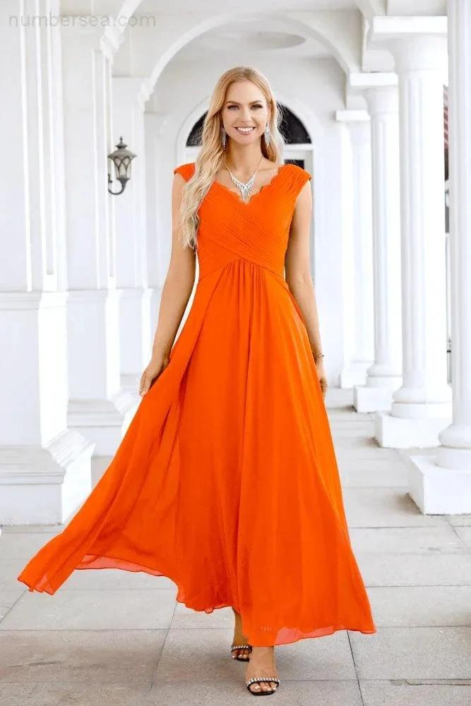 Ladies Chiffon V Neck Sleeveless Floor Length Bridesmaid Evening Dress Wedding Party Evening Dress 28126 (ZD16989)