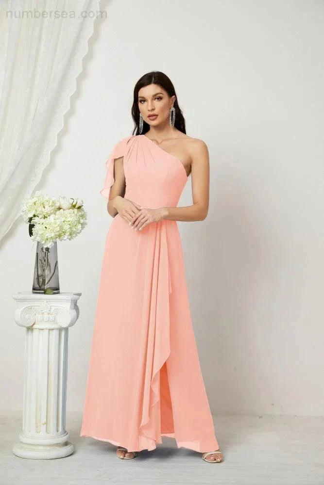 ZapDress  Chiffon Ruffled One Shoulder Long Bridesmaid Dresses A-line Formal Evening Gown Side Split 2809 (ZD17049)