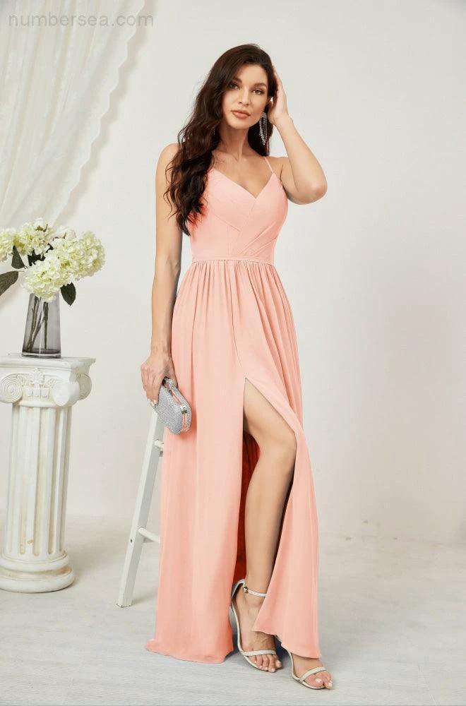 ZapDress  Neck Bridesmaid Dresses Chiffon Long Spaghetti A-line Formal Prom Gown for Wedding Party Evening 2801 (ZD16961)