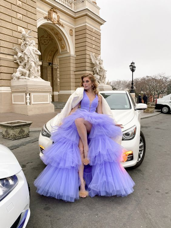 High Low V Neck Purple Tulle Long Prom Dress with Belt