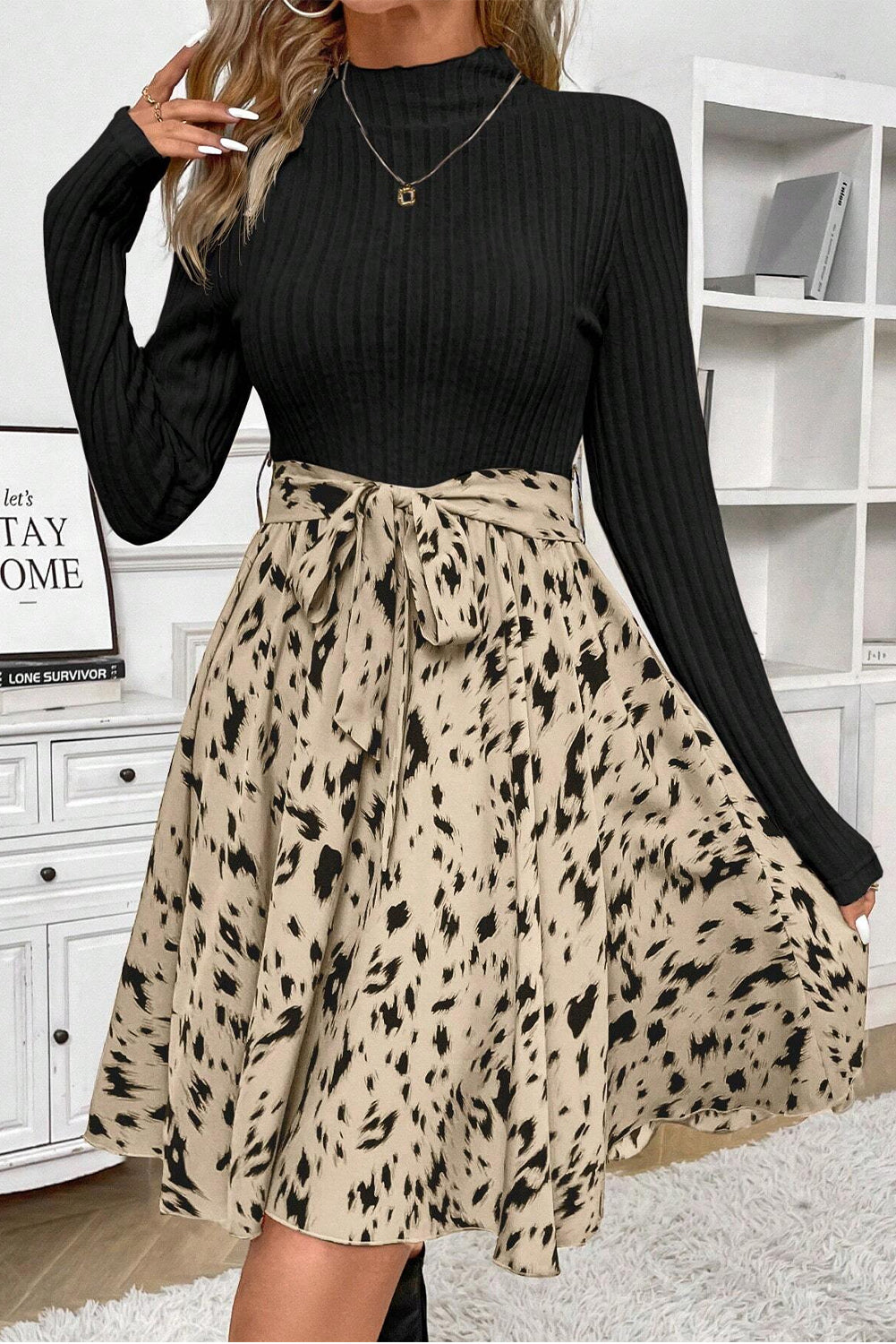 Black Ribbed Knit Patchwork Printed Belted A - line Dress