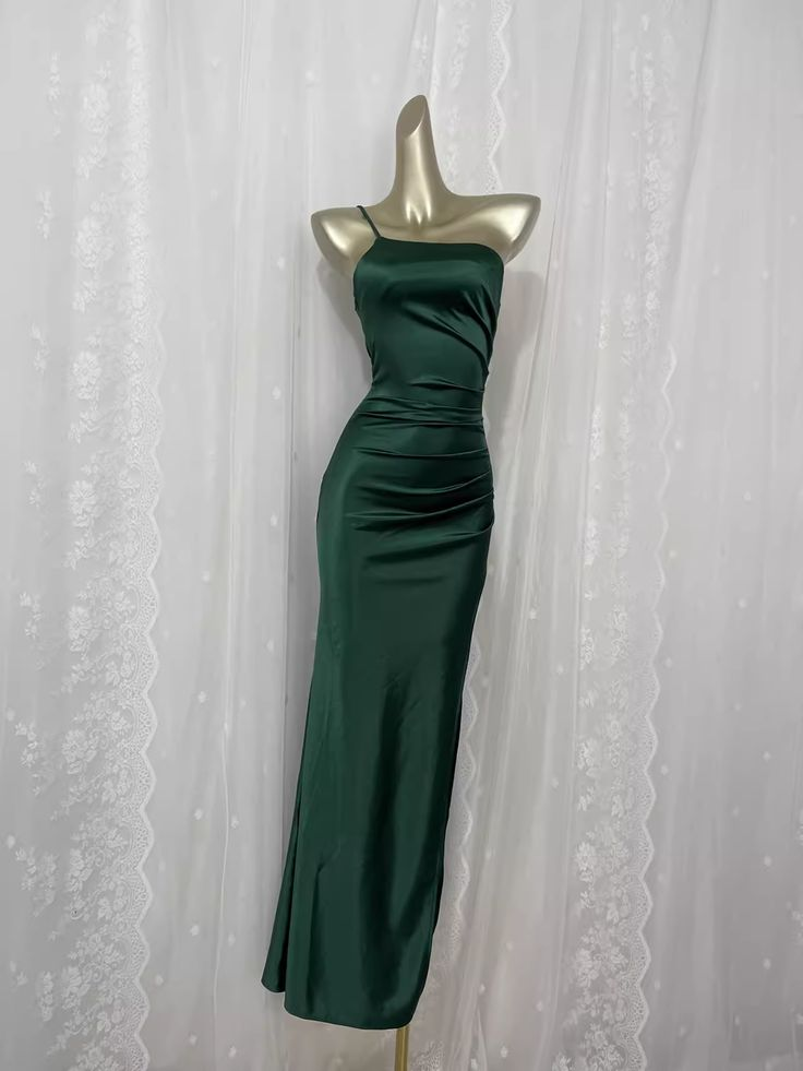 Vintage Green Spaghetti Straps Prom Dress Satin Sheath Party Dress Evening Gown - VelvetHem