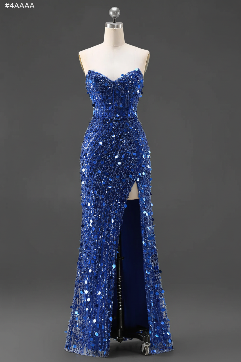 Sparkly Gold Mermaid Sequins Sweetheart Long Corset Prom Dress with Slit (ZD17394)
