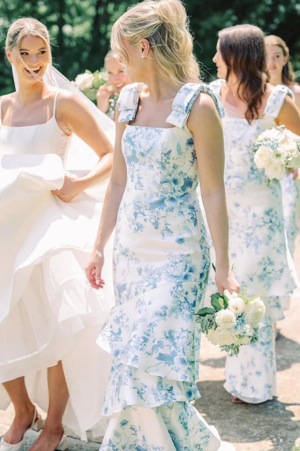Gorgeous Sheath Square Neck Blue Floral Printed Long Bridesmaid Dress with Ruffles - VelvetHem