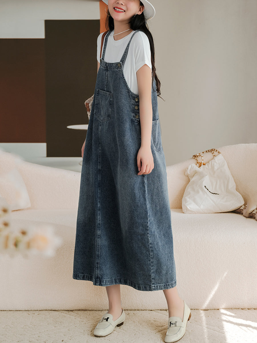 Summer Retro Washed Solid Spliced Denim Vest Dress
