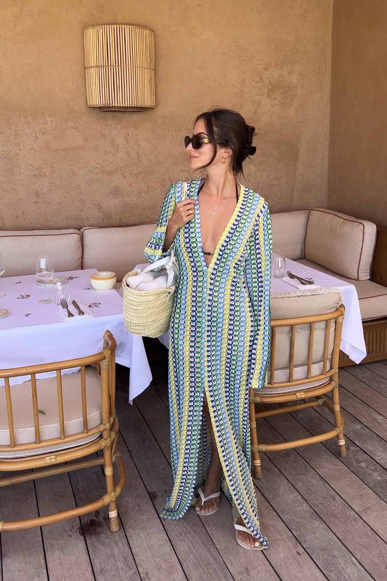 Pilar Chic Boho V Neck Bell Sleeve Maxi Dress, Wavy Striped Crochet Beach Holiday Dress Evening Wear Edit