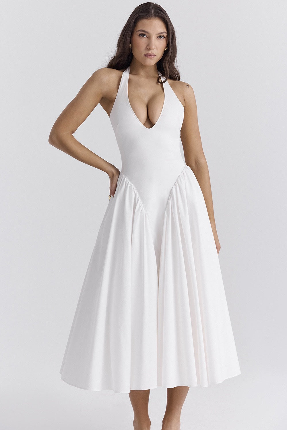 Olga Exclusive White Cotton Halterneck Midi Summer Dress Premium Wardrobe Essential