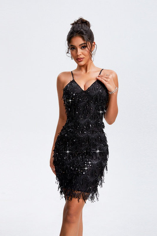 Tassel Sleeveless Party Rhinestone Sequin Dress - VelvetHem