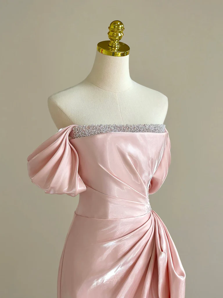 Pretty Off Shoulder Pink Long Prom Dress Formal Evening Dress With Beads Y8049