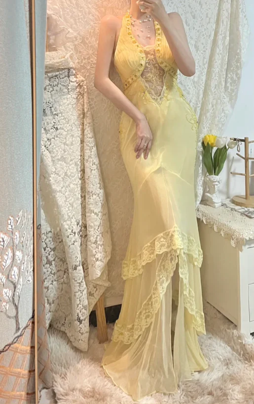 Classy Halter Yellow Lace Chiffon Beaded Mermaid Long Evening Gown Party Dress - View 3 | VelvetHem