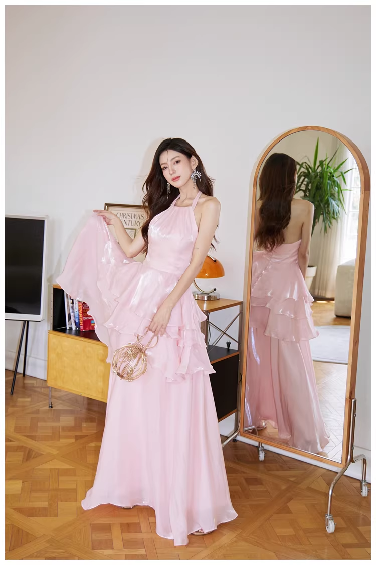 Classy Halter Pink Satin Ruffles Long Birthday Party Dress Evening Dress - View 4 | VelvetHem