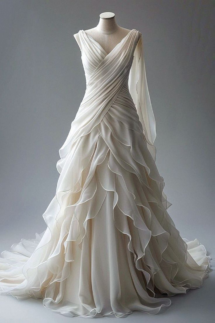 Elegant Ivory Princess Ball Gown V Neck Ruched Ruffles Chiffon Prom Dress Wedding Dress - VelvetHem