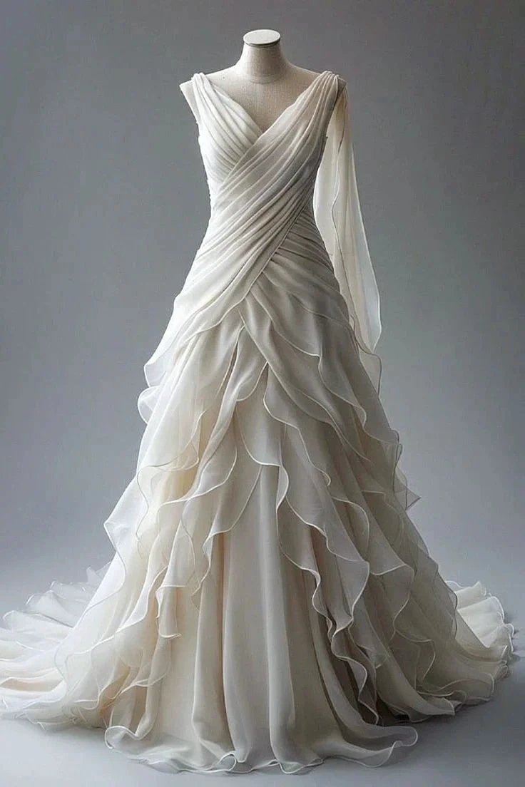 Classy Ivory Chiffon Ruffles Pleated Wedding Dress V Neck Layered Prom Dress Evening Dress Y8000 by simplepromdress