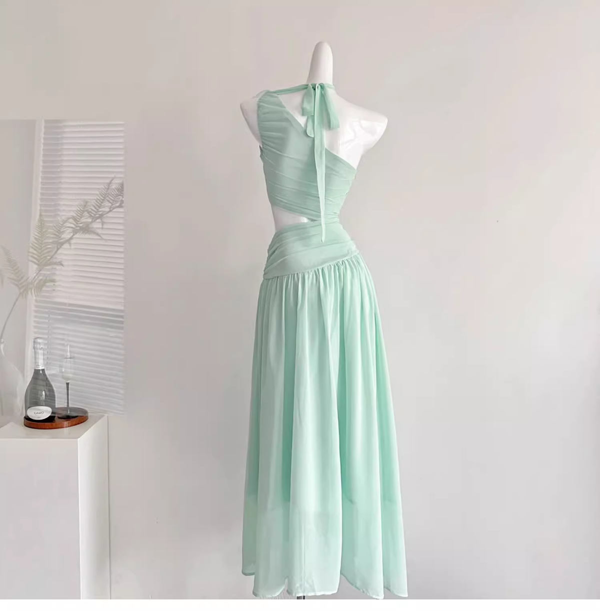 Sexy Mint Green One Shoulder Chiffon Vacation Dress Birthday Dress - View 4 | VelvetHem