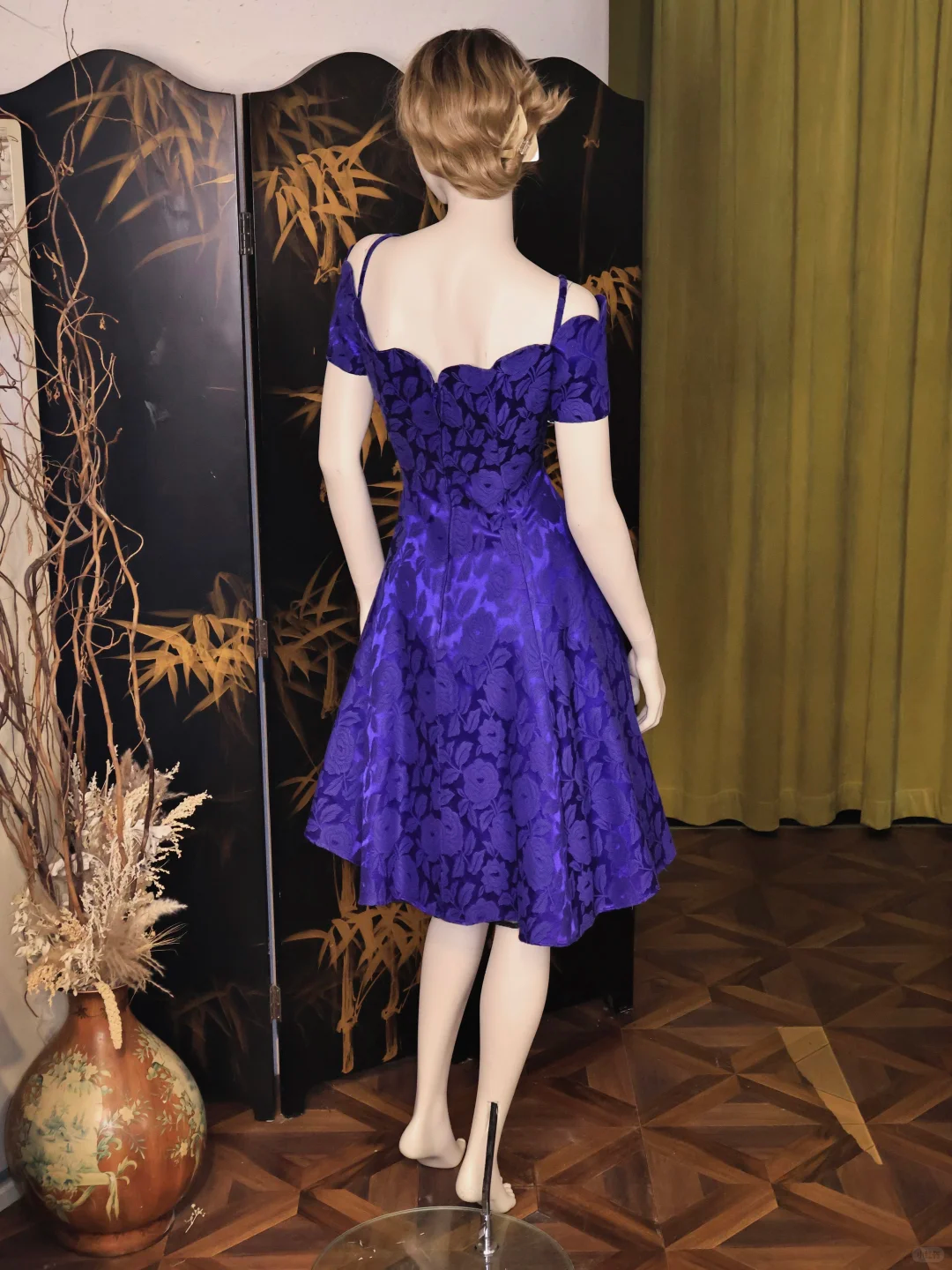 Vintage Purple Satin Floral Print A Line Homecoming Dress Off Shoulder Short Birthday Outfits - View 3 | VelvetHem