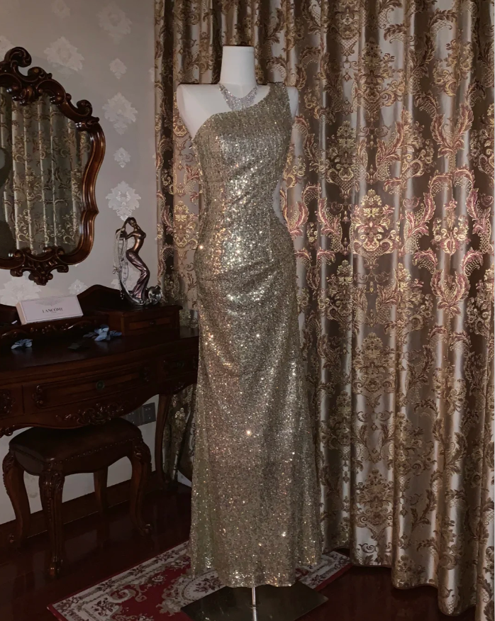Sparkly Gold One Shoulder Sequin Mermaid Evening Dress Long Party Gown - View 2 | VelvetHem