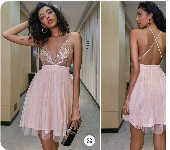 A-line Champagne Short Sequins and Tulle Party Dress - VelvetHem