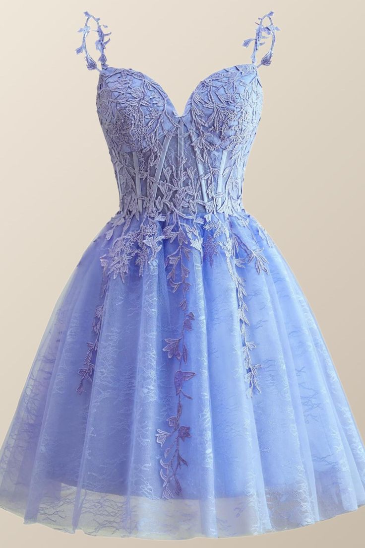 Straps Lace Appliques A-line Short Prom Dress - VelvetHem