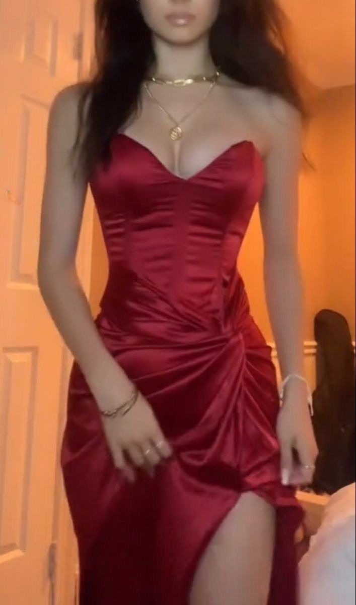 Burgundy Strapless Long Prom Dress Evening Dress With Slit fg7419 - VelvetHem