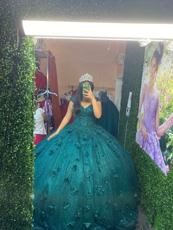 Emerald 3D Flowers Quinceanera Dress Sweet 15 16 Party Ball Gown - View 2 | VelvetHem