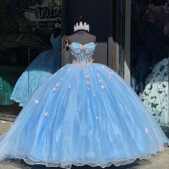 Sky Blue Quinceanera Dresses 3D Butterfly Sweet 16 Prom Birthday Party Ball Gown fg6604 - VelvetHem