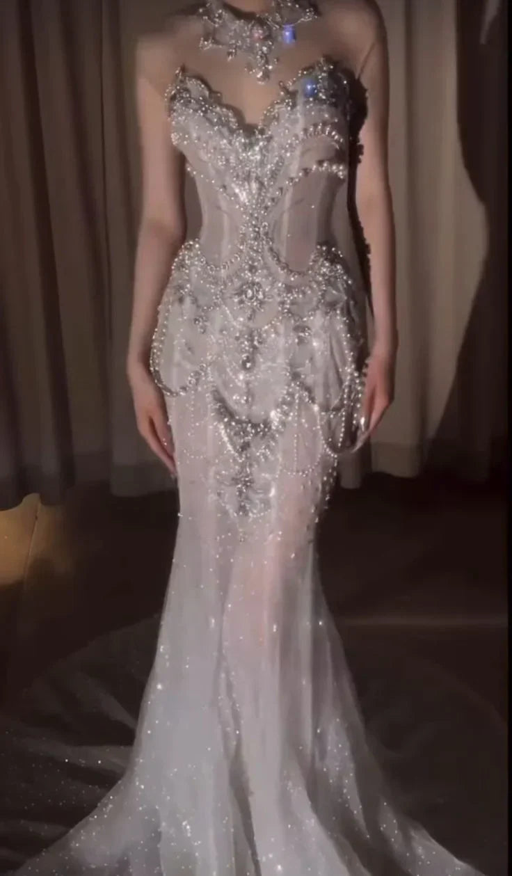 Elegant Silver-White Mermaid Sweetheart Neckline Pearl-Beaded Tulle Train Prom Dress Evening Dress