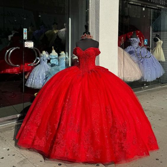 Princess Ball Gown Quinceanera Dresses Red Bow Lace Appliques Beaded Sweet 16 Dress fg6292 - VelvetHem