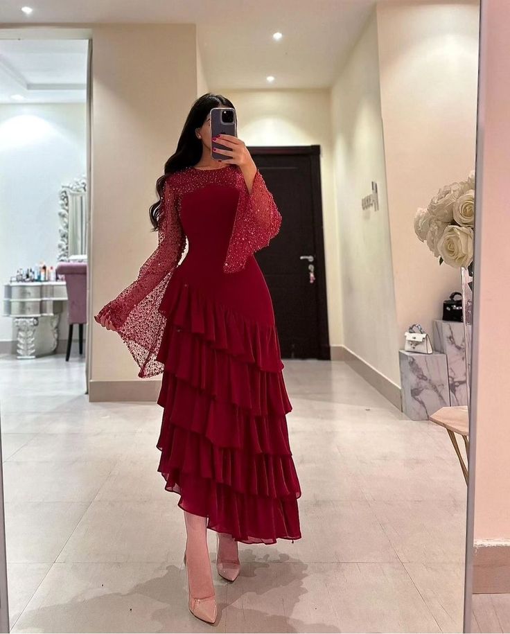 Women's Ankle Length Sequin Dress O Neck Tiered Burgundy Evening Dress fg6730 - VelvetHem