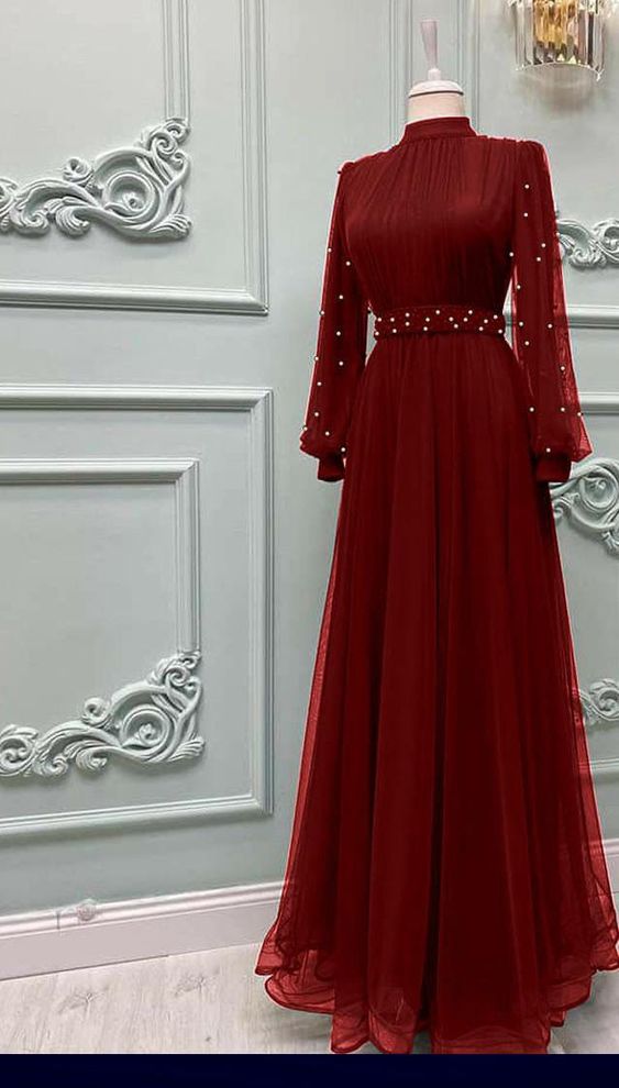Dress with pearl long sleeve tulle Muslim dress, elegant evening dress fg6035 - VelvetHem