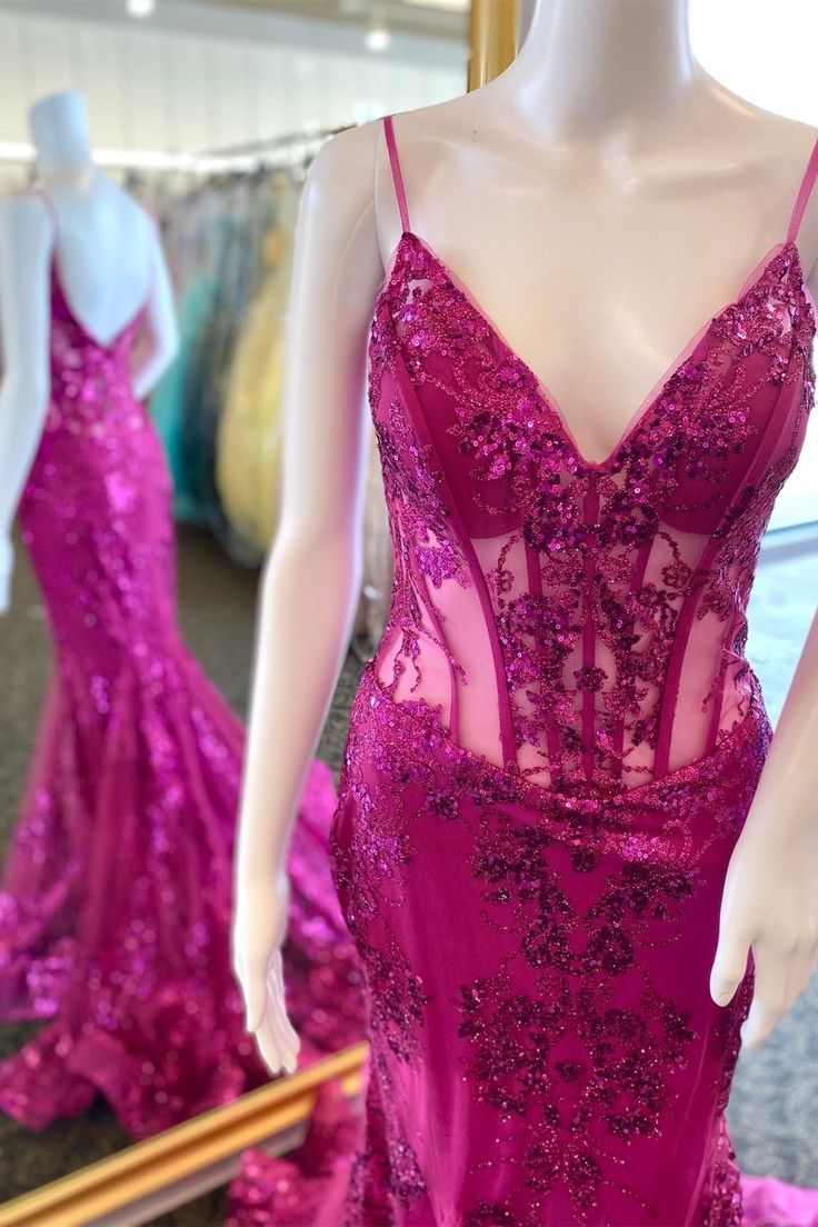 Fuchsia Mermaid Sequined Embroidery Tulle Long Prom Dress fg6349 - VelvetHem