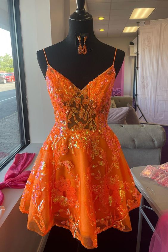 A-line V Neck Straps Sequins-Embroidered Homecoming Dress - View 2 | VelvetHem
