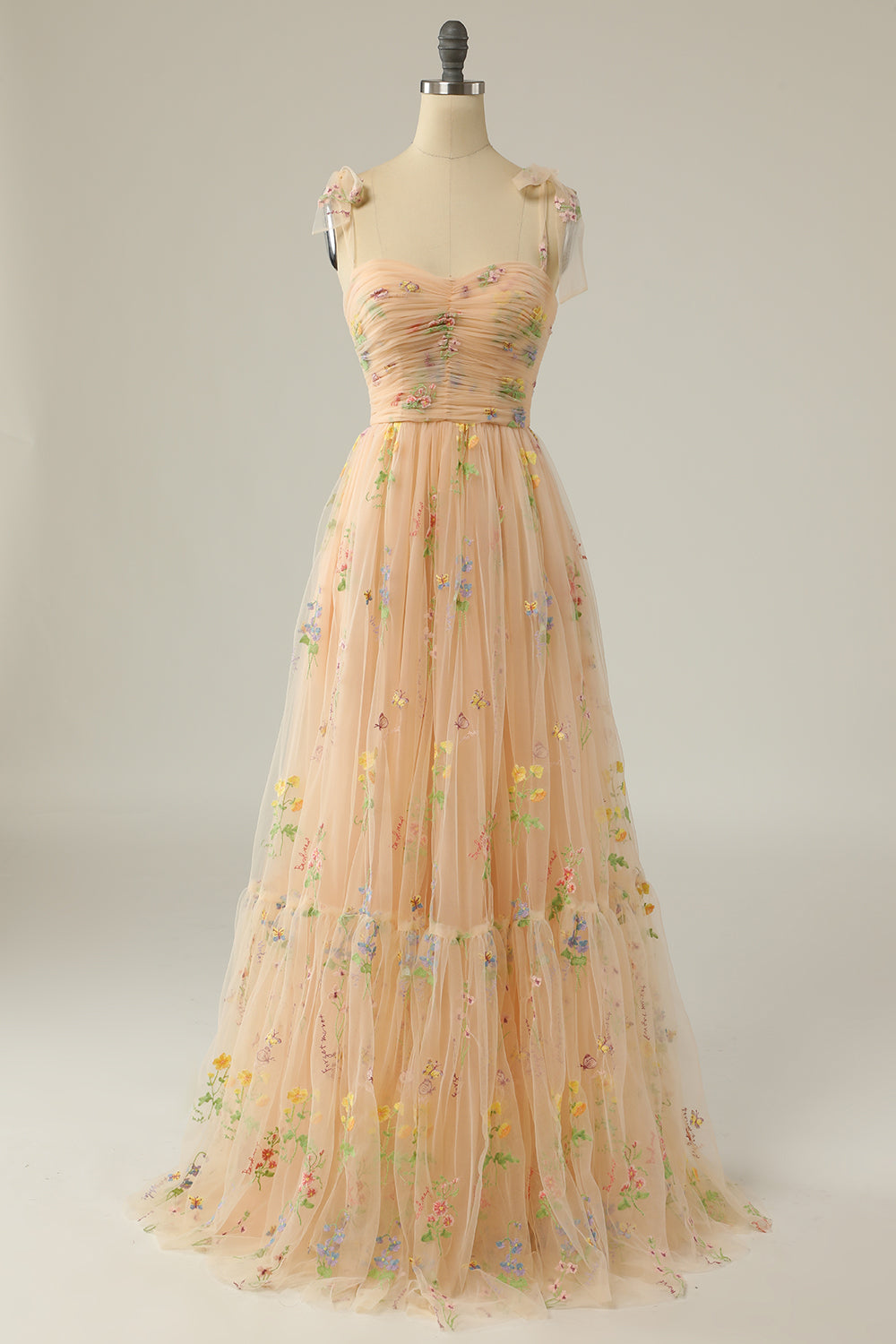 Elegant A Line Spaghetti Straps Champagne Long Prom Dress with Embroidery - VelvetHem