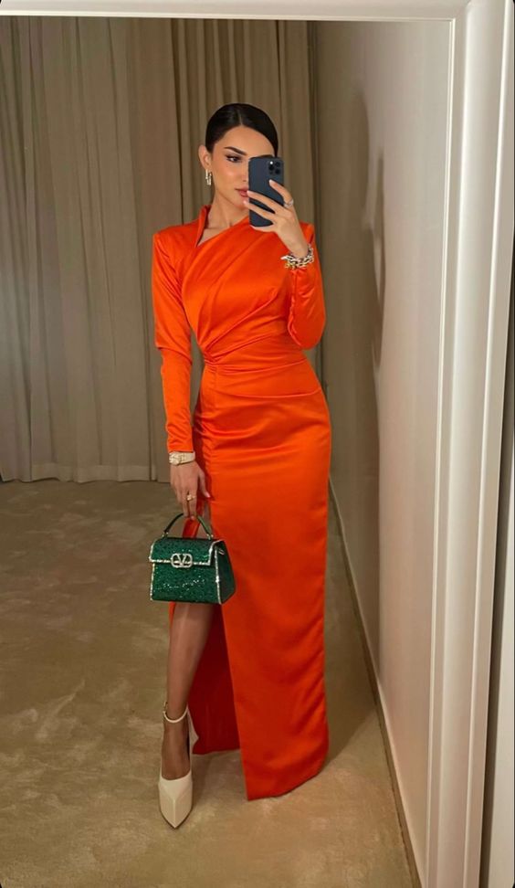 Orange satin evening dress for women long sleeve vintage dress