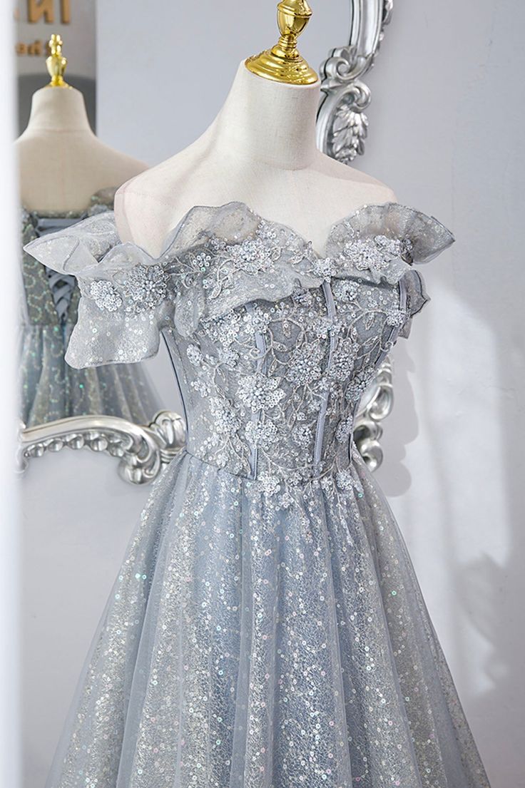Tulle Lace Long Prom Dresses, A-Line Sequins Evening Dresses - View 2 | VelvetHem