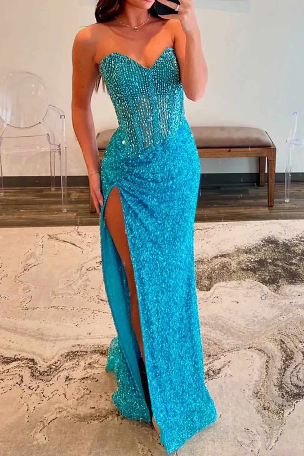 Sparkly Mermaid Sweetheart Gold Long Prom Dress with Beading
