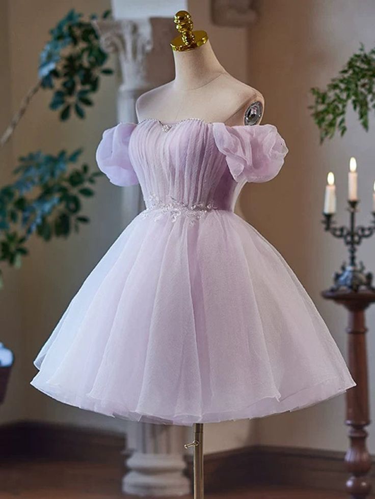 A-Line Sweetheart Neck Tulle Purple Short Prom Dress, Purple Homecoming Dress fg6141 - VelvetHem